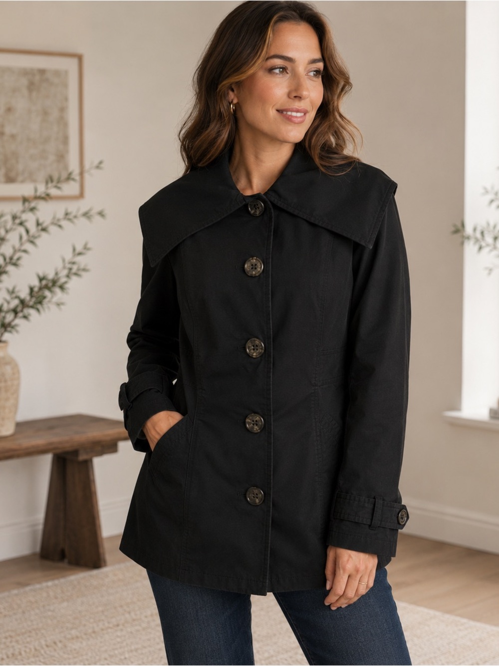 Tom Tailor Denim Cotton Trench Jacket Women’s Small Black Wide Collar Lined